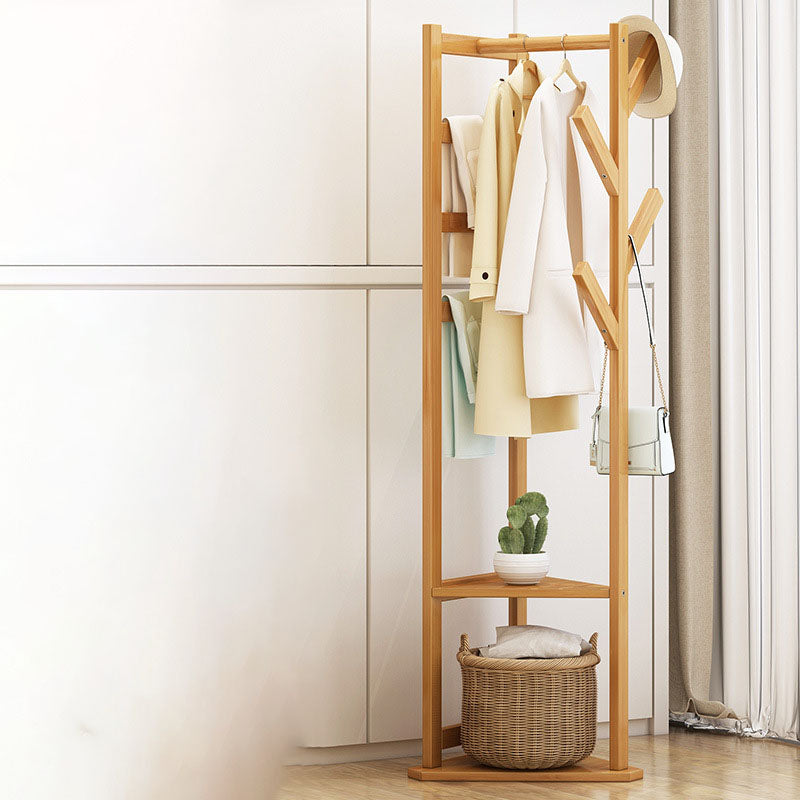 Traditional Japanese Tri-Branch Solid Bamboo Floor-Standing Hall Tree 2-Tier For Entryway &amp; Hallway