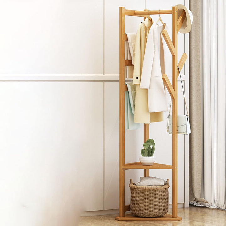 Traditional Japanese Tri-Branch Solid Bamboo Floor-Standing Hall Tree 2-Tier For Entryway &amp; Hallway