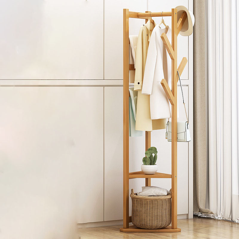 Traditional Japanese Tri-Branch Solid Bamboo Floor-Standing Hall Tree 2-Tier For Entryway &amp; Hallway