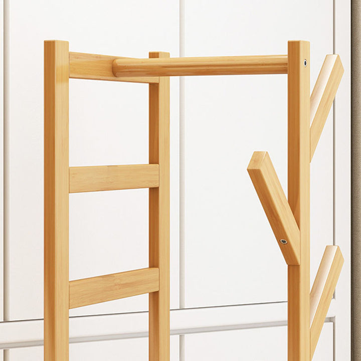 Traditional Japanese Tri-Branch Solid Bamboo Floor-Standing Hall Tree 2-Tier For Entryway &amp; Hallway