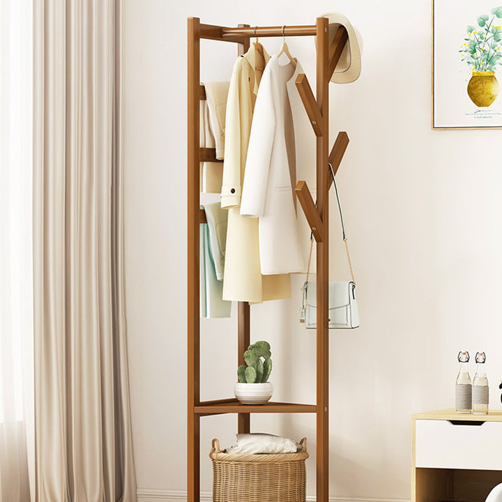 Traditional Japanese Tri-Branch Solid Bamboo Floor-Standing Hall Tree 2-Tier For Entryway &amp; Hallway
