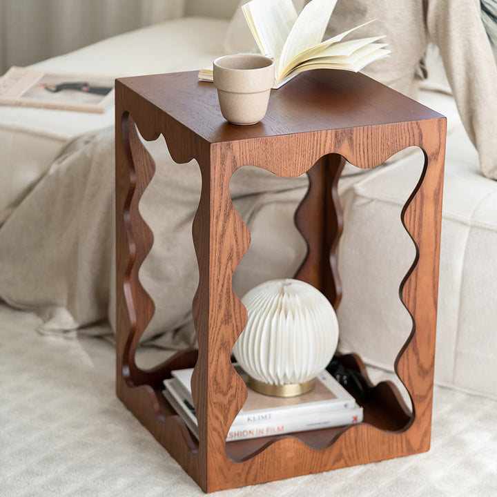 Table d'appoint portable à 2 niveaux en contreplaqué de bois massif rectangulaire ondulé traditionnel français pour salon et chambre à coucher 