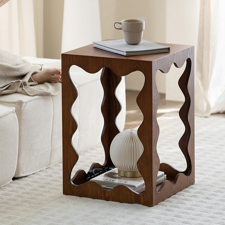 Table d'appoint portable à 2 niveaux en contreplaqué de bois massif rectangulaire ondulé traditionnel français pour salon et chambre à coucher 