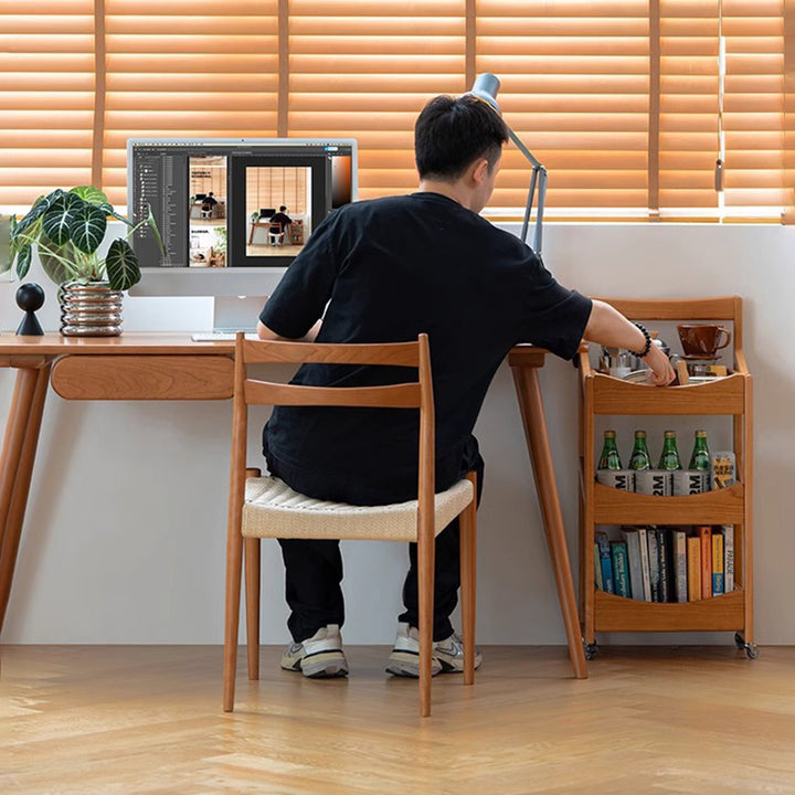 Estante de almacenamiento de madera de cerezo rectangular rústico tradicional con borde arqueado de 3 capas para sala de estar 