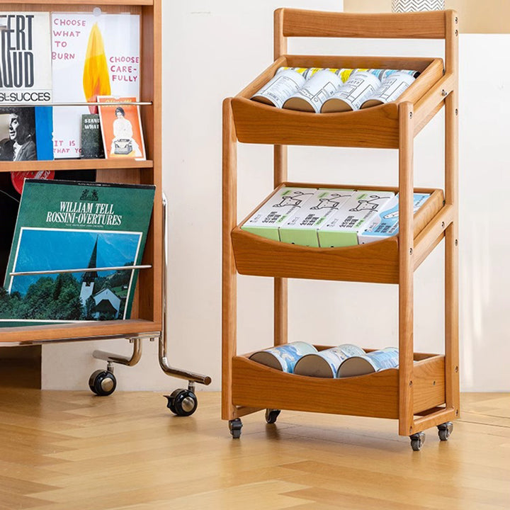 Estante de almacenamiento de madera de cerezo rectangular rústico tradicional con borde arqueado de 3 capas para sala de estar 