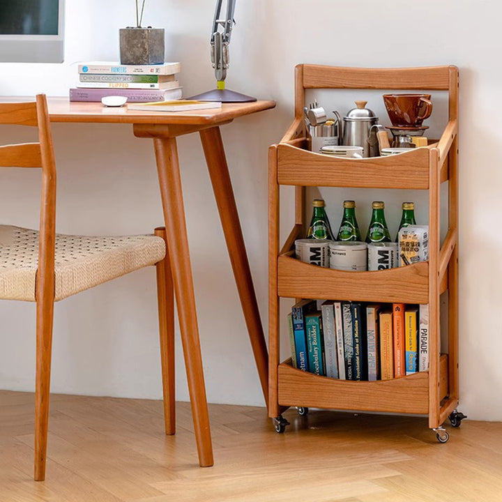 Estante de almacenamiento de madera de cerezo rectangular rústico tradicional con borde arqueado de 3 capas para sala de estar 