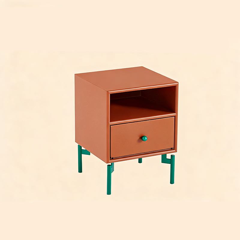 Contemporary Nordic Rectangular MDF Carbon Steel Nightstand With 1/2-Drawer For Bedroom