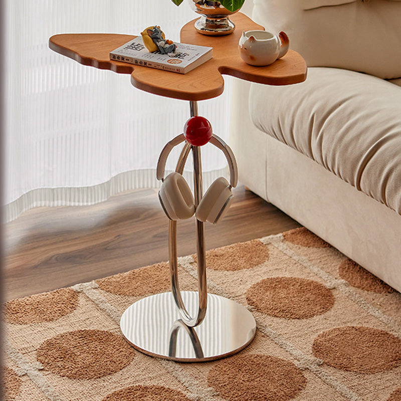 Mesa Auxiliar Moderna de Madera de Cerezo Acero Inoxidable con Mariposa Art Deco de 1 Nivel para Sala de Estar 