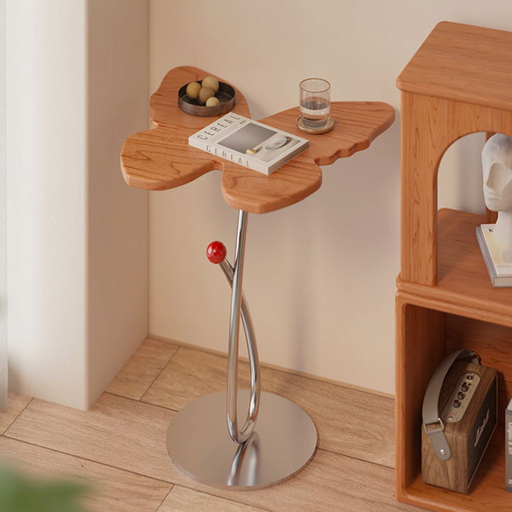 Table d'appoint à 1 niveau en bois de cerisier, acier inoxydable et papillon Art déco moderne pour salon 