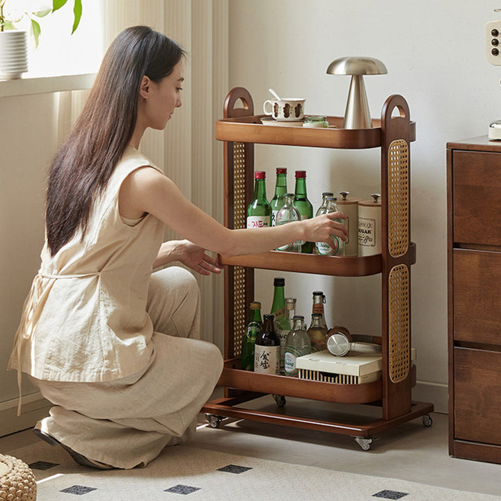 Traditional Rustic Rectangular Bamboo Rattan Weaving Movable Storage Shelf 2/3 Shelf For Living Room