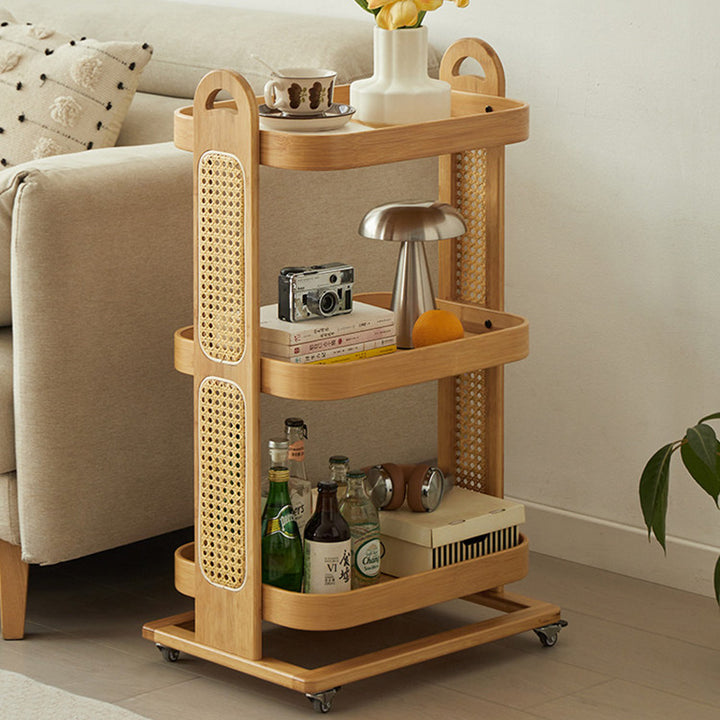 Traditional Rustic Rectangular Bamboo Rattan Weaving Movable Storage Shelf 2/3 Shelf For Living Room