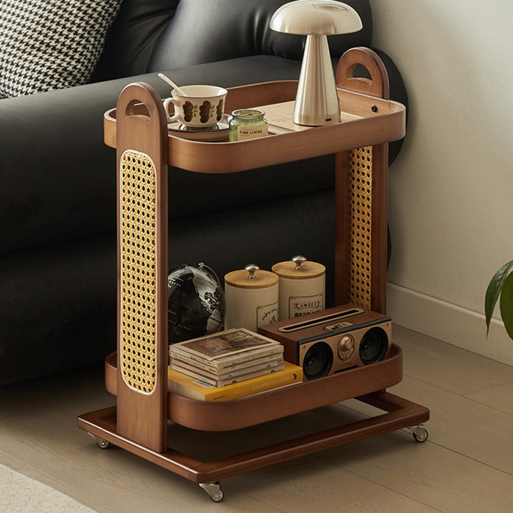 Traditional Rustic Rectangular Bamboo Rattan Weaving Movable Storage Shelf 2/3 Shelf For Living Room