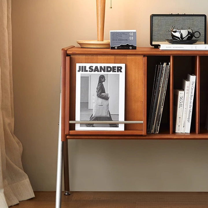 Aparador moderno rectangular Mid-Century de madera de pino, contrachapado y acero inoxidable con diseño de 2 niveles para salón 