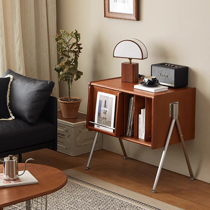 Aparador moderno rectangular Mid-Century de madera de pino, contrachapado y acero inoxidable con diseño de 2 niveles para salón 