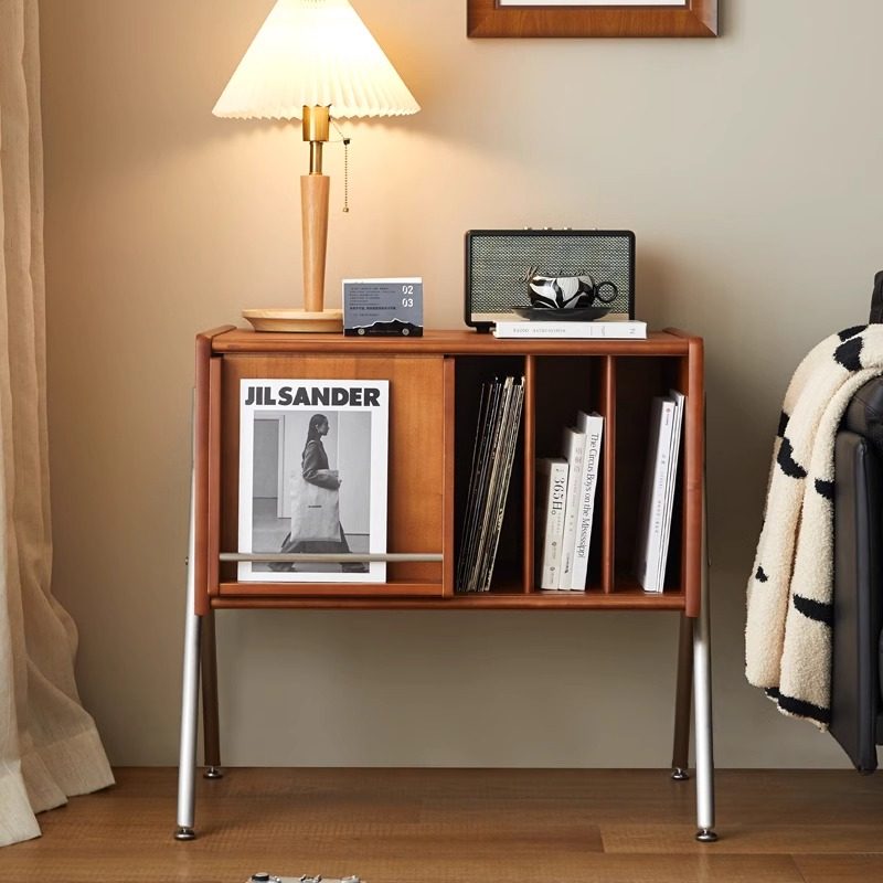 Aparador moderno rectangular Mid-Century de madera de pino, contrachapado y acero inoxidable con diseño de 2 niveles para salón 