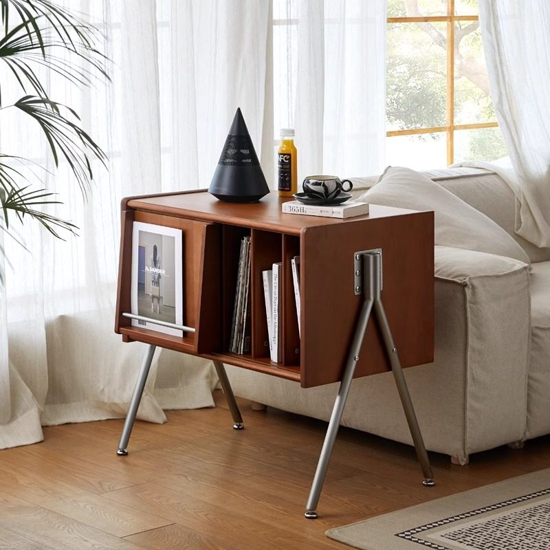 Aparador moderno rectangular Mid-Century de madera de pino, contrachapado y acero inoxidable con diseño de 2 niveles para salón 