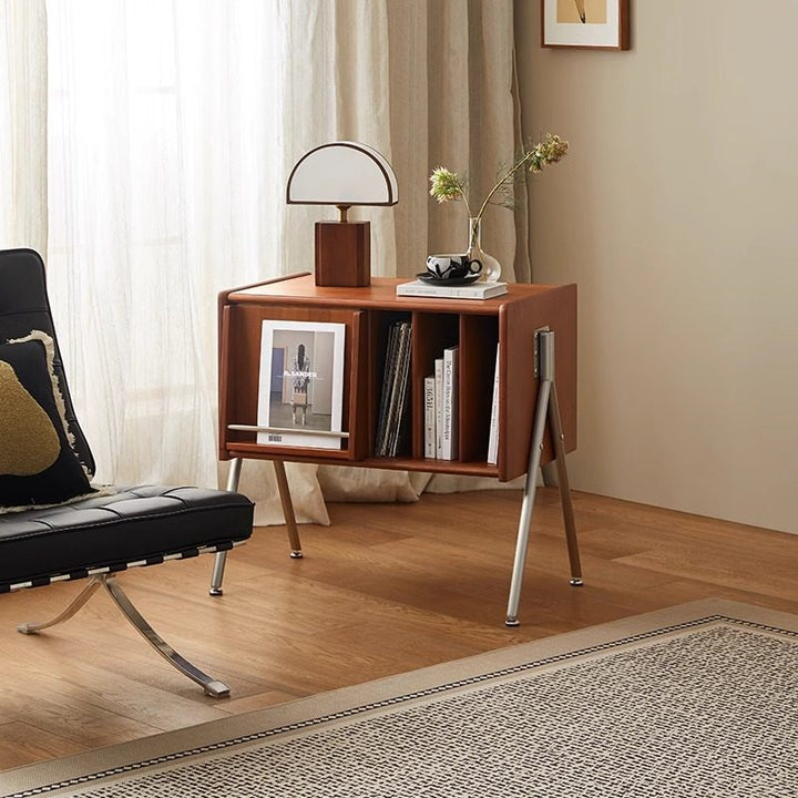 Aparador moderno rectangular Mid-Century de madera de pino, contrachapado y acero inoxidable con diseño de 2 niveles para salón 