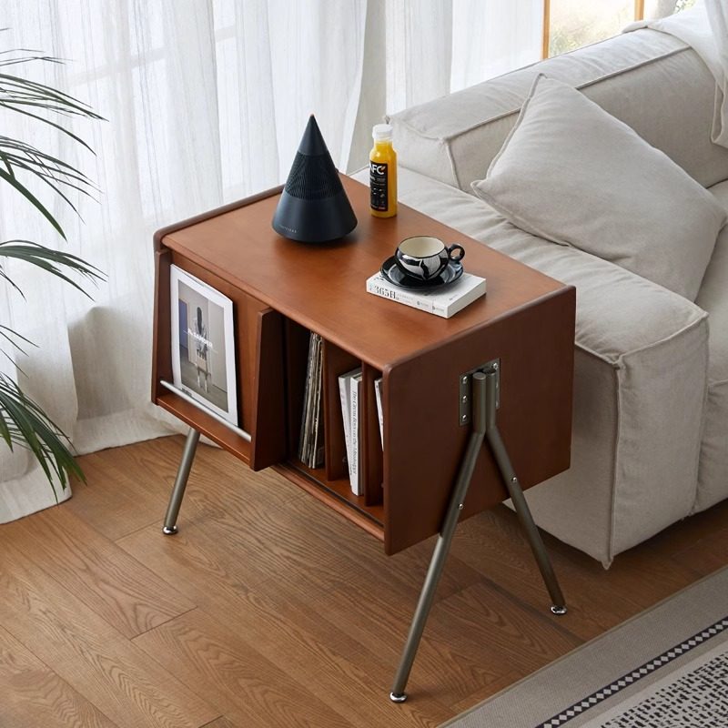 Aparador moderno rectangular Mid-Century de madera de pino, contrachapado y acero inoxidable con diseño de 2 niveles para salón 