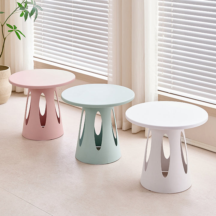 Mesa de café contemporánea nórdica cilíndrica redonda de diseño hueco tallado en plástico PP de 1 capa para sala de estar y dormitorio 