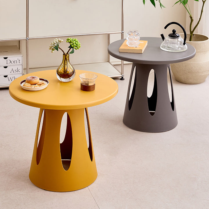 Mesa de café contemporánea nórdica cilíndrica redonda de diseño hueco tallado en plástico PP de 1 capa para sala de estar y dormitorio 