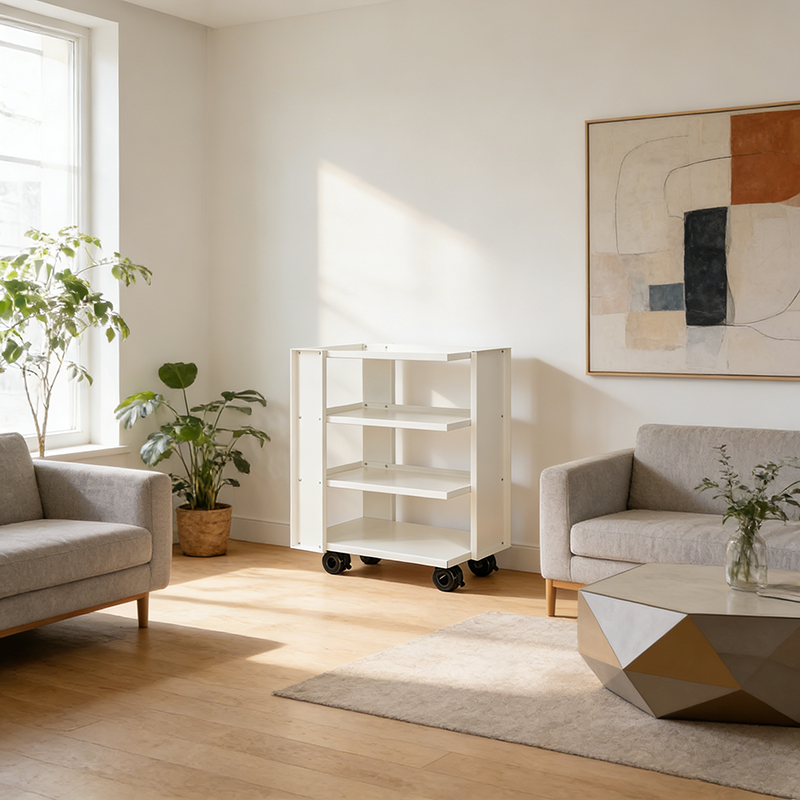 Estante de almacenamiento móvil de acero al carbono rectangular industrial contemporáneo de 4 niveles para sala de estar 