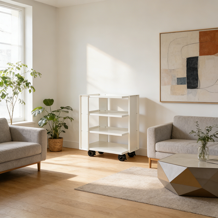 Estante de almacenamiento móvil de acero al carbono rectangular industrial contemporáneo de 4 niveles para sala de estar 