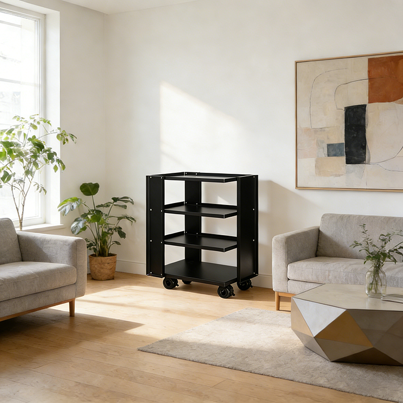 Estante de almacenamiento móvil de acero al carbono rectangular industrial contemporáneo de 4 niveles para sala de estar 