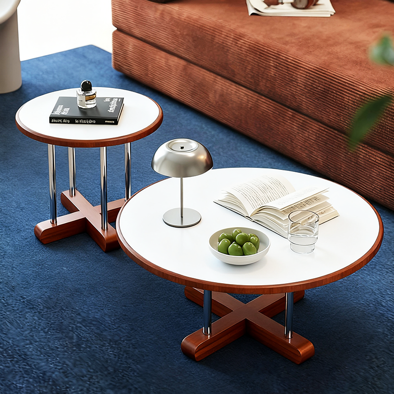 Zeitgenössischer skandinavischer Kautschukholz-Edelstahl-Felsplatte-Runder Couchtisch 1-Ebene für Wohnzimmer 