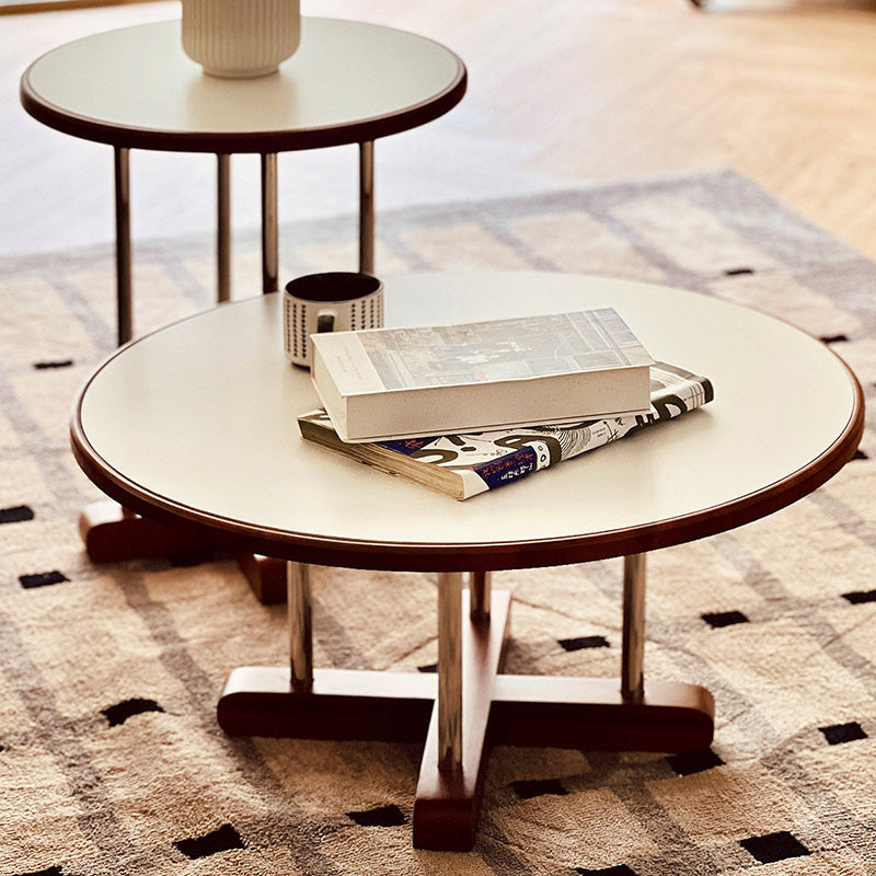 Zeitgenössischer skandinavischer Kautschukholz-Edelstahl-Felsplatte-Runder Couchtisch 1-Ebene für Wohnzimmer 