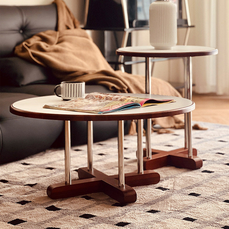 Zeitgenössischer skandinavischer Kautschukholz-Edelstahl-Felsplatte-Runder Couchtisch 1-Ebene für Wohnzimmer 