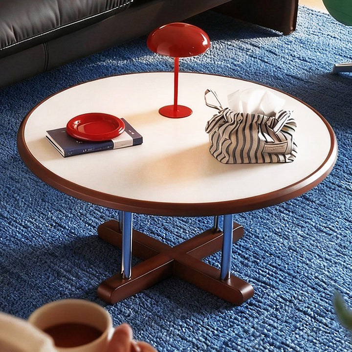 Zeitgenössischer skandinavischer Kautschukholz-Edelstahl-Felsplatte-Runder Couchtisch 1-Ebene für Wohnzimmer 