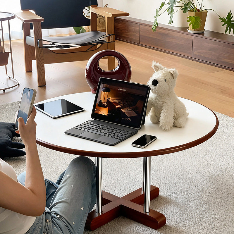 Zeitgenössischer skandinavischer Kautschukholz-Edelstahl-Felsplatte-Runder Couchtisch 1-Ebene für Wohnzimmer 