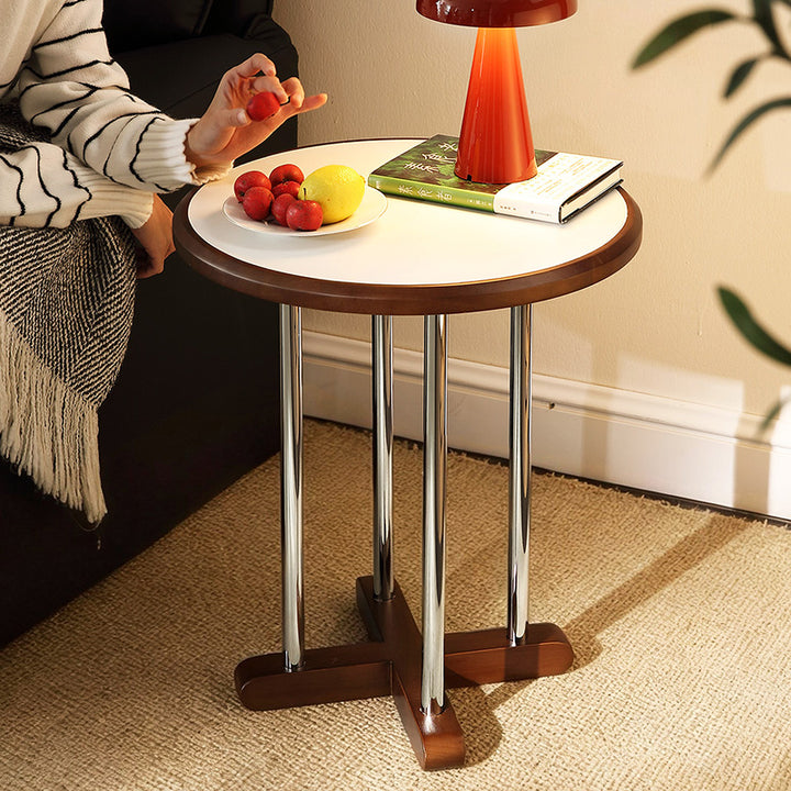Zeitgenössischer skandinavischer Kautschukholz-Edelstahl-Felsplatte-Runder Couchtisch 1-Ebene für Wohnzimmer 