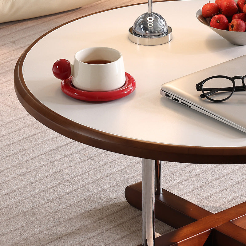 Zeitgenössischer skandinavischer Kautschukholz-Edelstahl-Felsplatte-Runder Couchtisch 1-Ebene für Wohnzimmer 