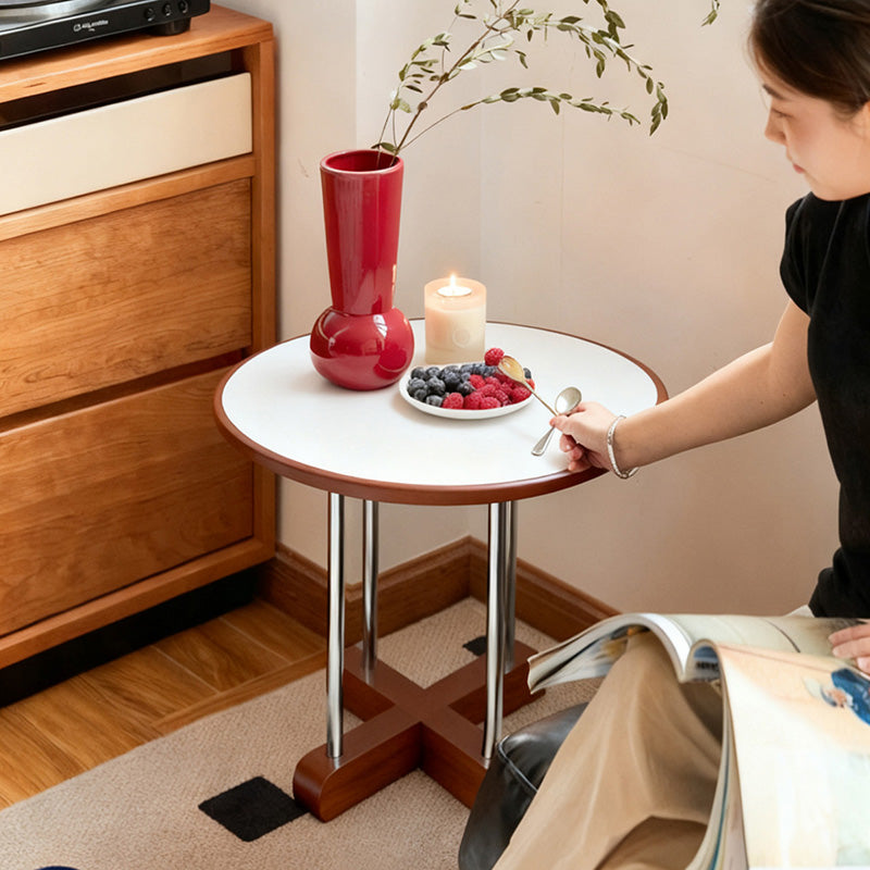 Zeitgenössischer skandinavischer Kautschukholz-Edelstahl-Felsplatte-Runder Couchtisch 1-Ebene für Wohnzimmer 