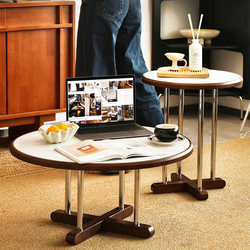 Zeitgenössischer skandinavischer Kautschukholz-Edelstahl-Felsplatte-Runder Couchtisch 1-Ebene für Wohnzimmer 