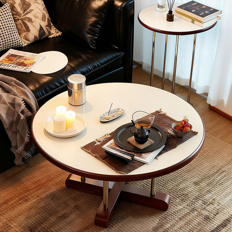 Zeitgenössischer skandinavischer Kautschukholz-Edelstahl-Felsplatte-Runder Couchtisch 1-Ebene für Wohnzimmer 