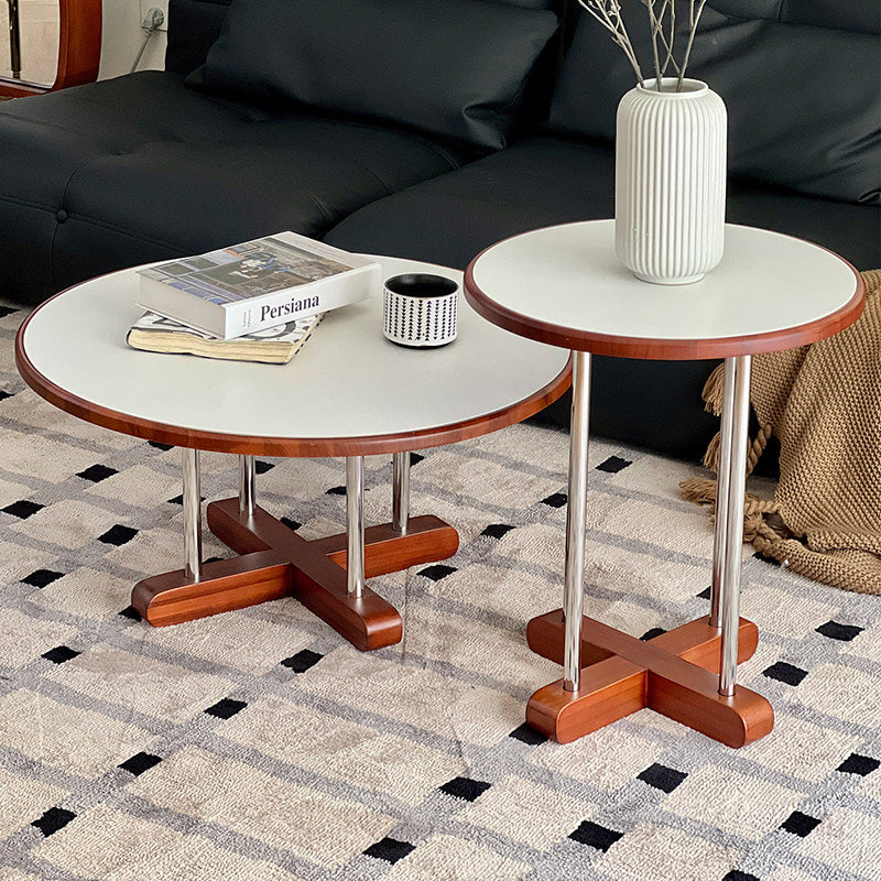 Zeitgenössischer skandinavischer Kautschukholz-Edelstahl-Felsplatte-Runder Couchtisch 1-Ebene für Wohnzimmer 