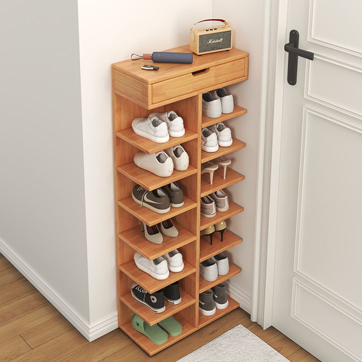 Moderner minimalistischer rechteckiger Schuhaufbewahrungsständer aus Kautschukholz, Sperrholz und Paulownia-Holz mit 5/6/7 Ebenen für Eingangsbereich & Flur 