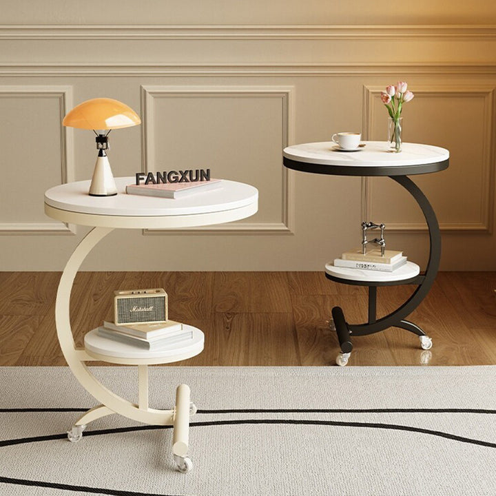 Table d'appoint ronde mobile à 2 niveaux en acier au carbone style dalle de roche minimaliste moderne pour salon 