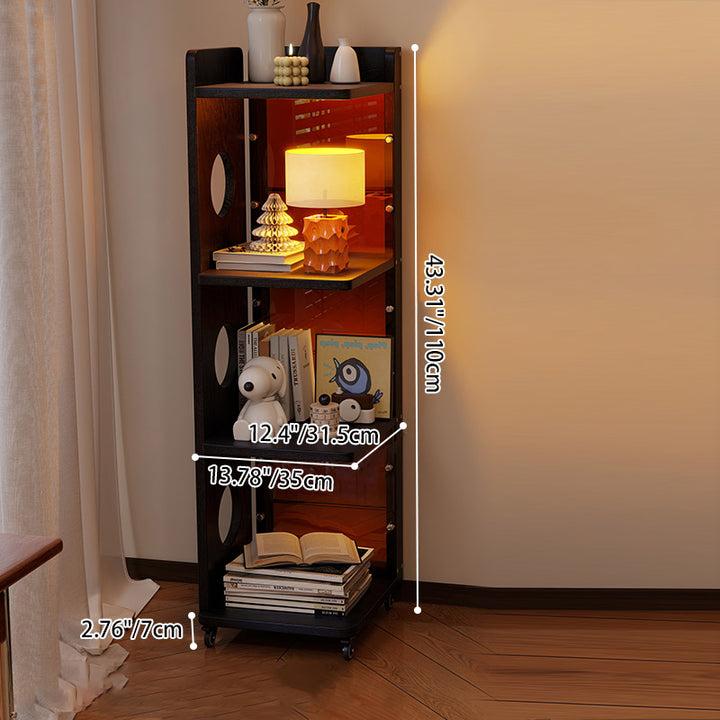 Modern Mid-Century Rectangular Rubberwood Movable Floor-Standing Corner Storage Shelf 4-Tier For Living Room &amp; Bedroom
