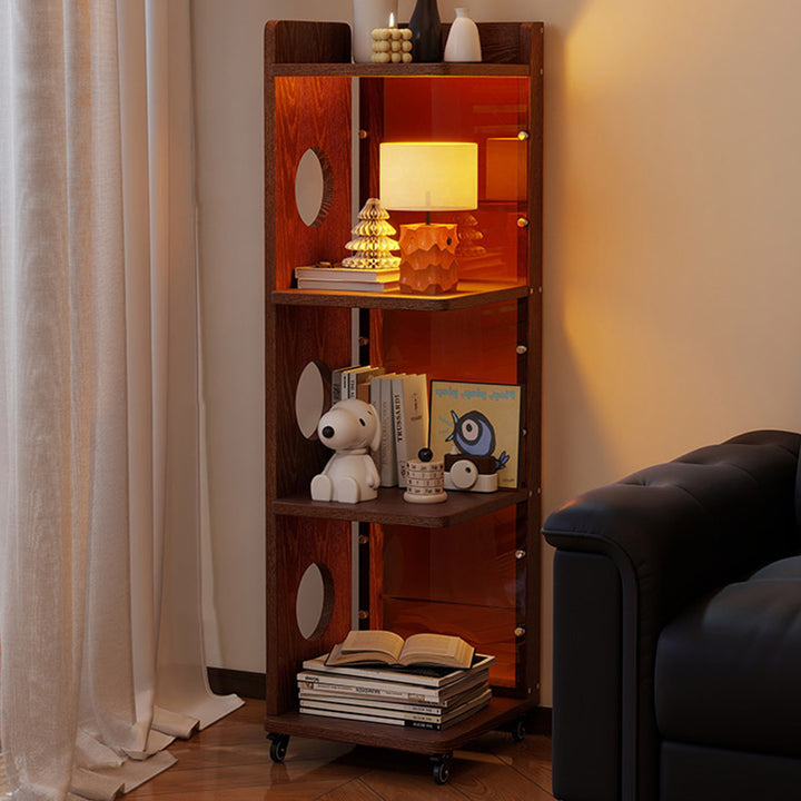 Modern Mid-Century Rectangular Rubberwood Movable Floor-Standing Corner Storage Shelf 4-Tier For Living Room &amp; Bedroom
