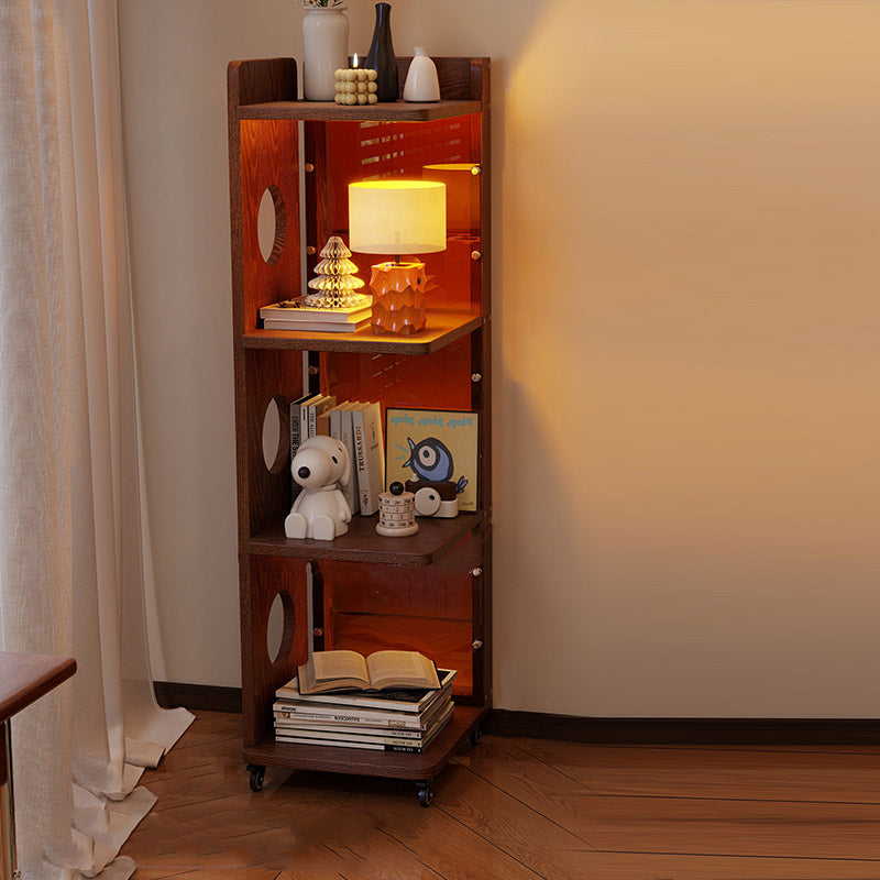 Modern Mid-Century Rectangular Rubberwood Movable Floor-Standing Corner Storage Shelf 4-Tier For Living Room &amp; Bedroom