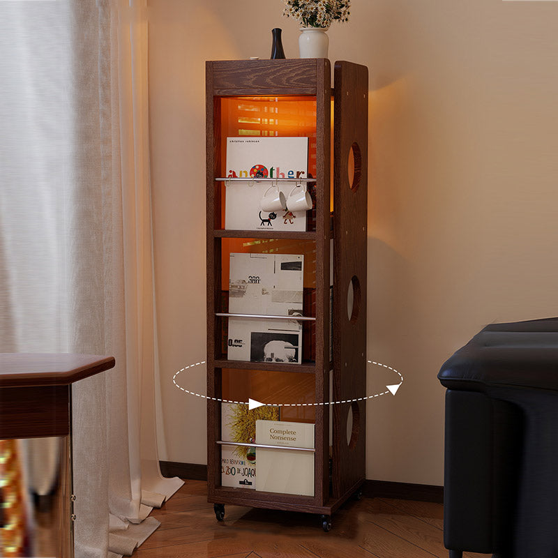 Modern Mid-Century Rectangular Rubberwood Movable Floor-Standing Corner Storage Shelf 4-Tier For Living Room &amp; Bedroom