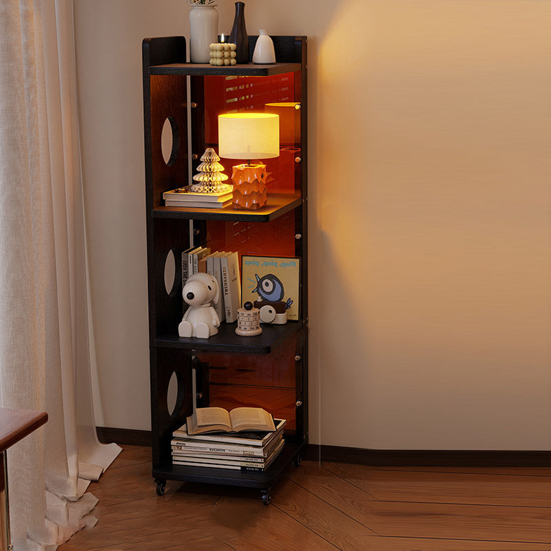 Modern Mid-Century Rectangular Rubberwood Movable Floor-Standing Corner Storage Shelf 4-Tier For Living Room &amp; Bedroom
