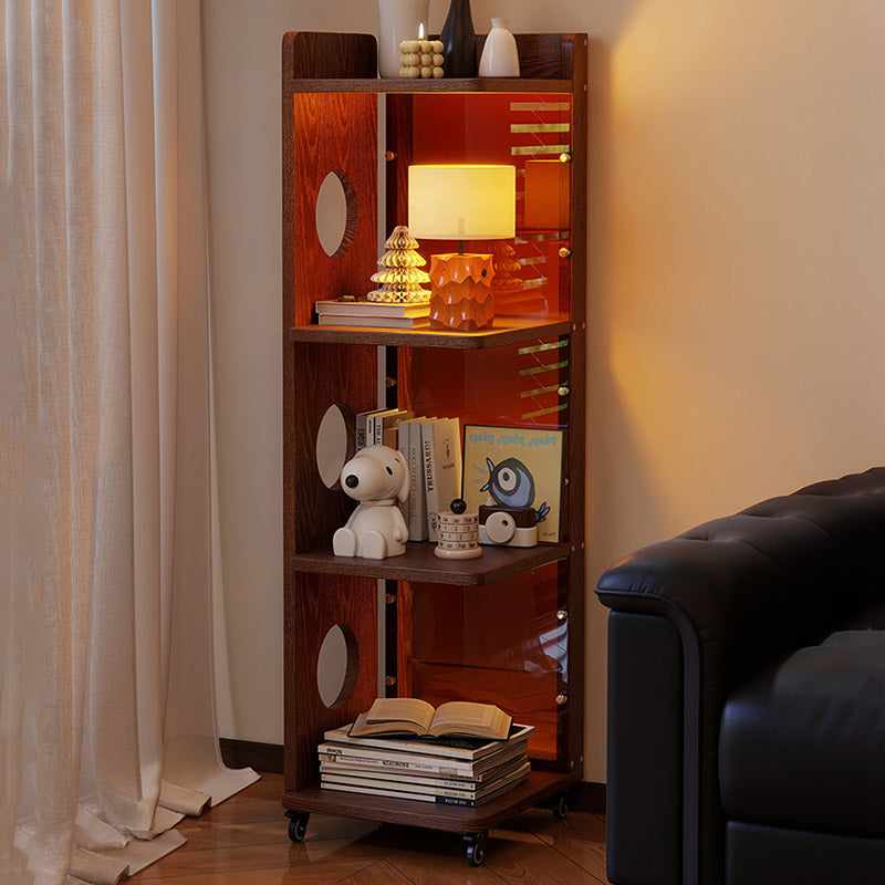 Modern Mid-Century Rectangular Rubberwood Movable Floor-Standing Corner Storage Shelf 4-Tier For Living Room &amp; Bedroom
