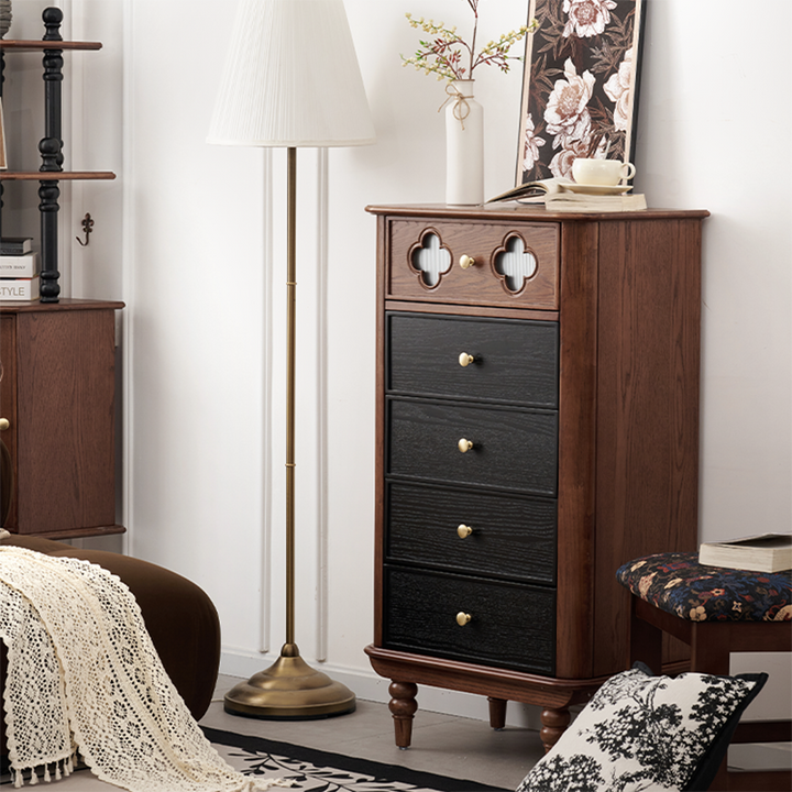 Traditional French Rectangular Pine Wood & Plywood Storage Cabinet 5-Drawer For Living Room