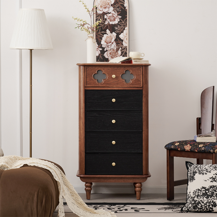 Traditional French Rectangular Pine Wood & Plywood Storage Cabinet 5-Drawer For Living Room