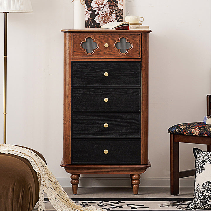 Traditional French Rectangular Pine Wood & Plywood Storage Cabinet 5-Drawer For Living Room