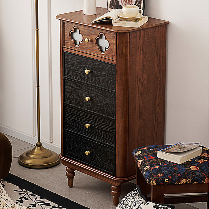 Traditional French Rectangular Pine Wood & Plywood Storage Cabinet 5-Drawer For Living Room
